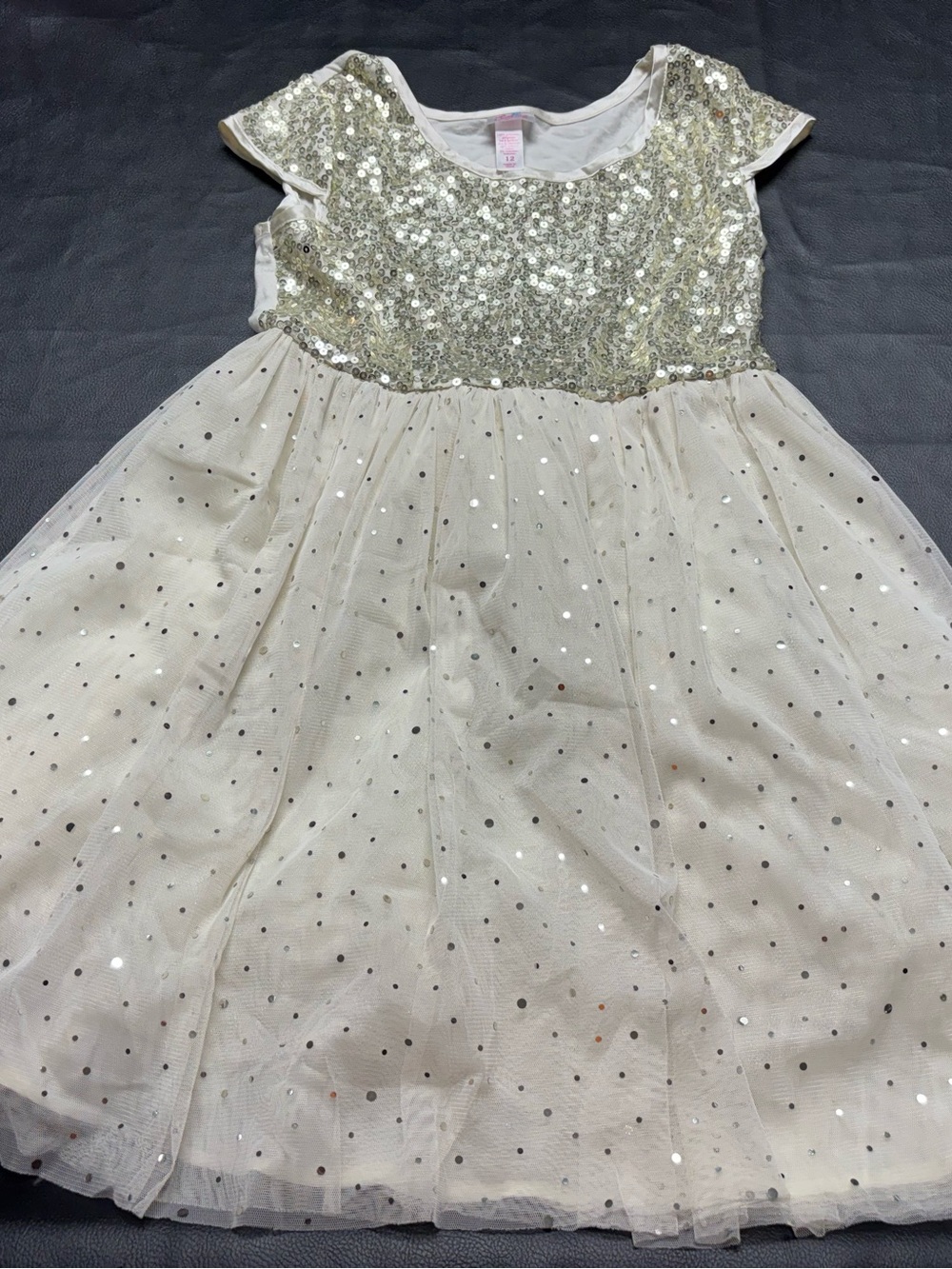Justice Gold Sequin Bodice with Ivory Dot Tulle Party Dress